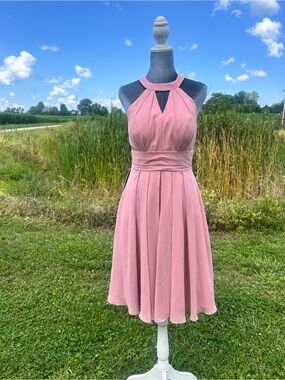 Azazie Pink Halter Midi Dress with Pleated Waist